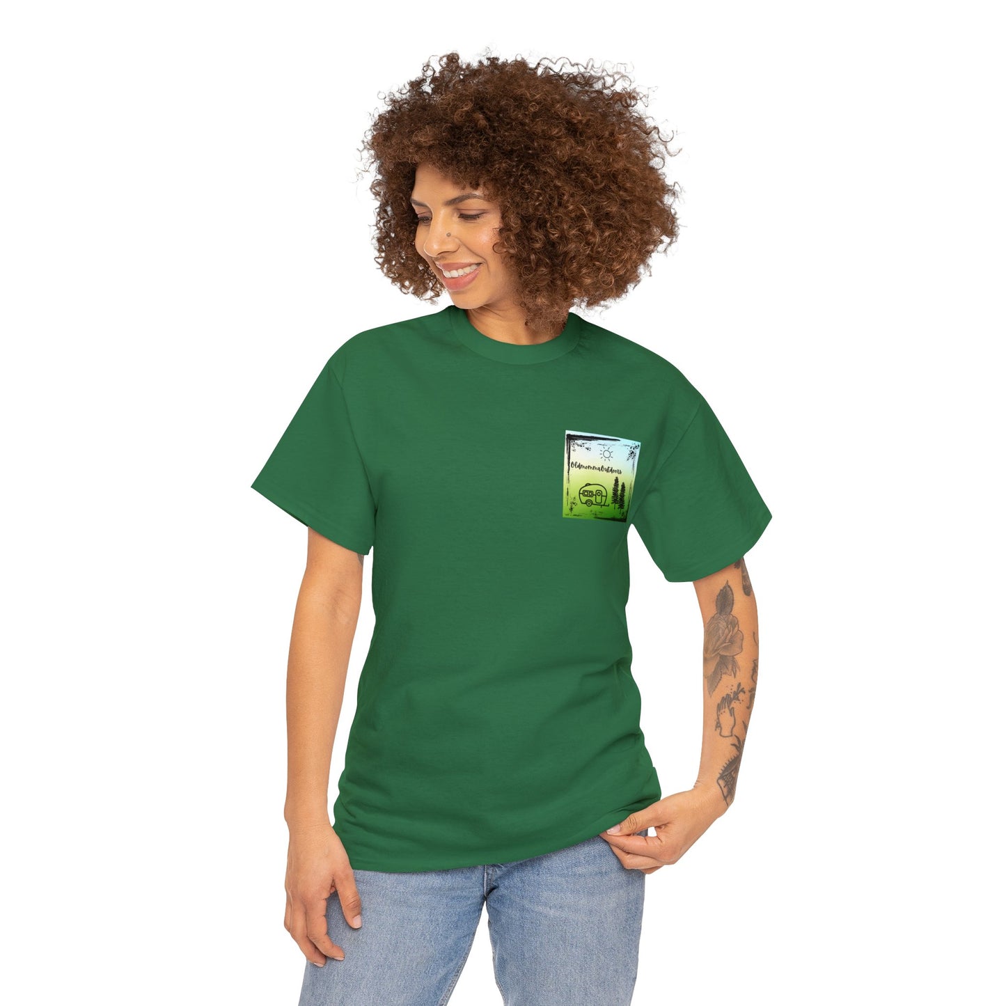 OldMommaOutdoors with Luke 5:16 on back Unisex Heavy Cotton Tee