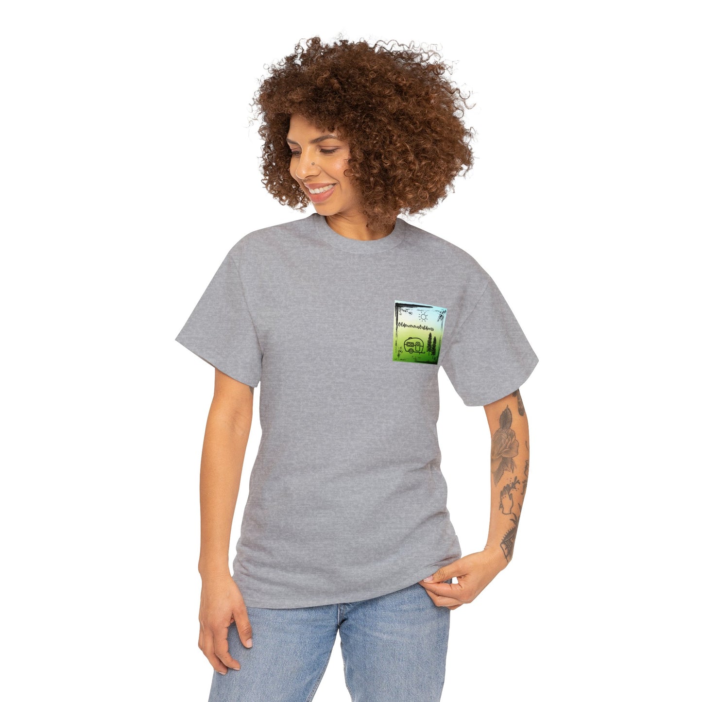 OldMommaOutdoors with Luke 5:16 on back Unisex Heavy Cotton Tee