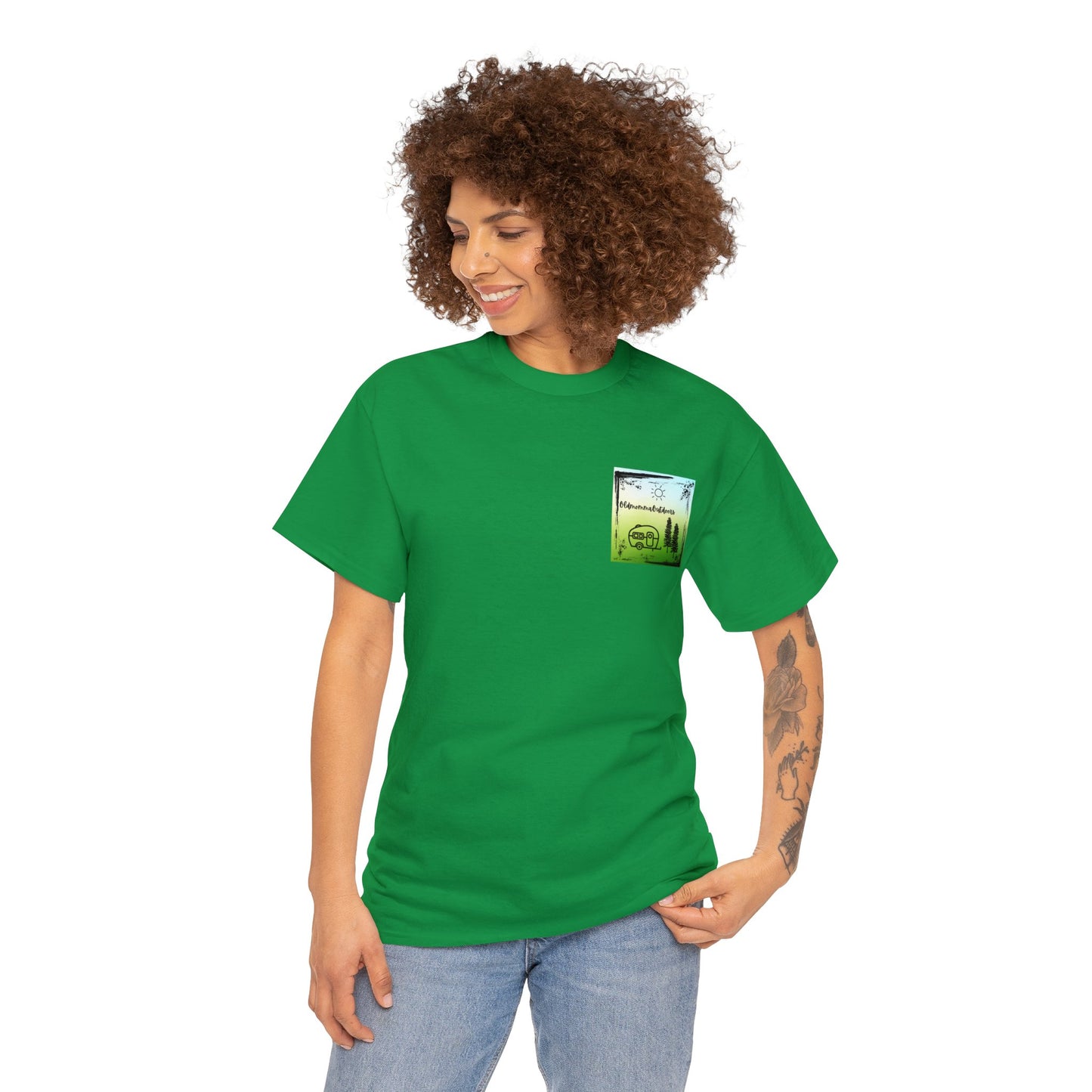 OldMommaOutdoors with Luke 5:16 on back Unisex Heavy Cotton Tee