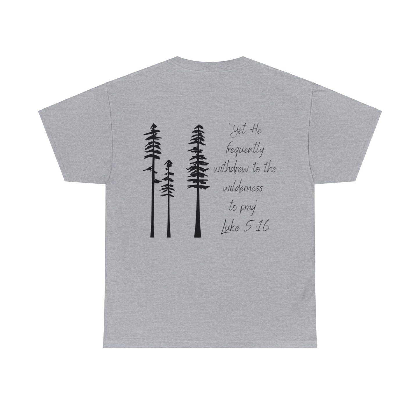 OldMommaOutdoors with Luke 5:16 on back Unisex Heavy Cotton Tee