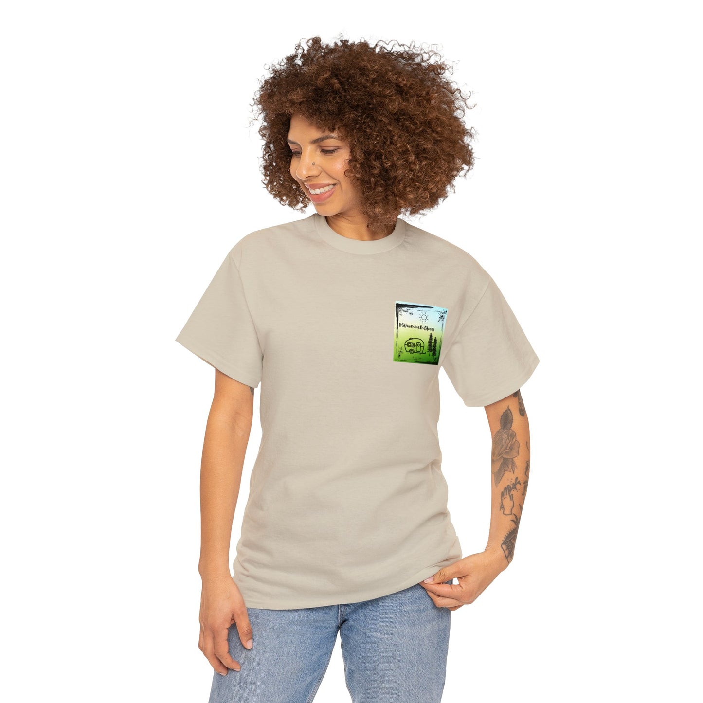 OldMommaOutdoors with Luke 5:16 on back Unisex Heavy Cotton Tee