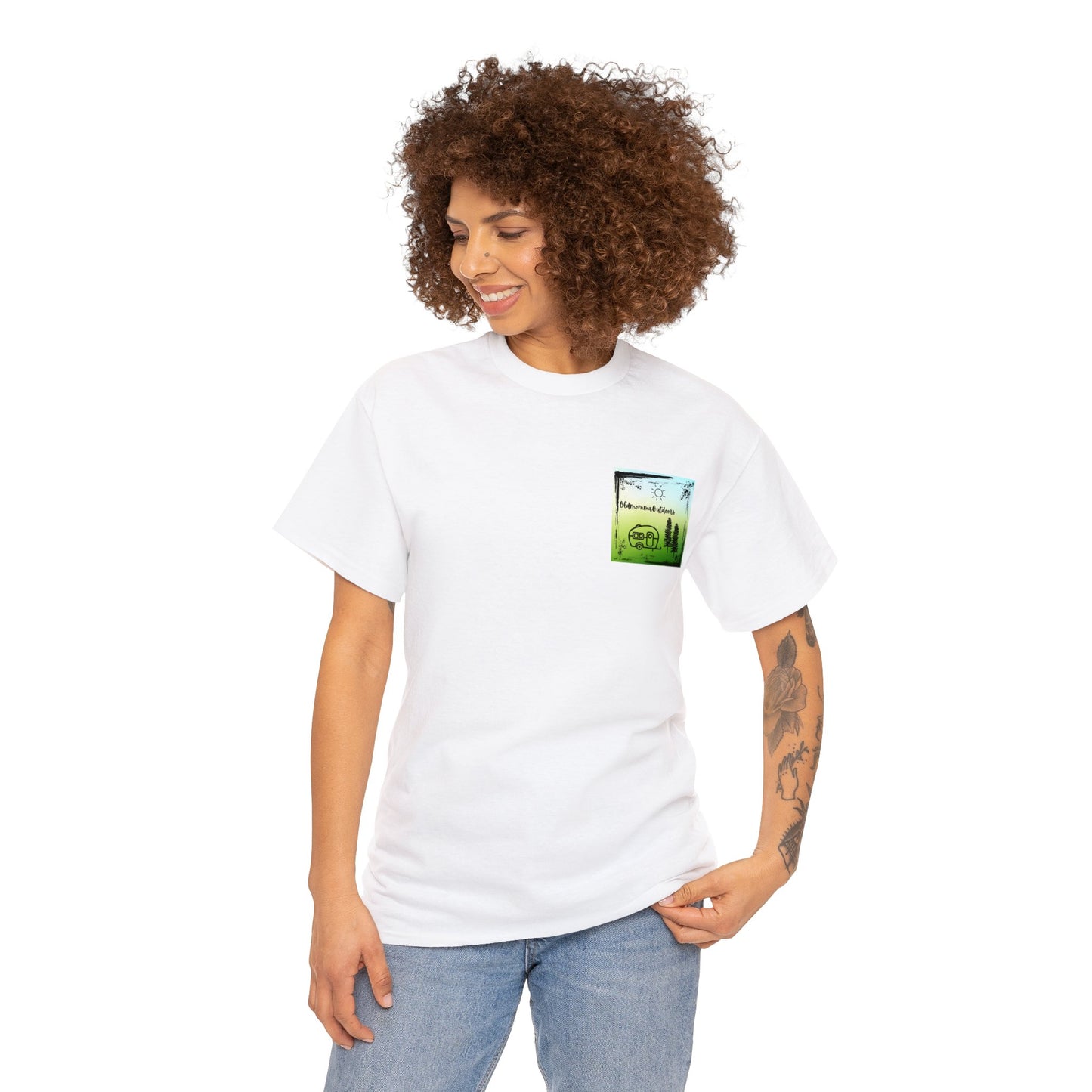 OldMommaOutdoors with Luke 5:16 on back Unisex Heavy Cotton Tee