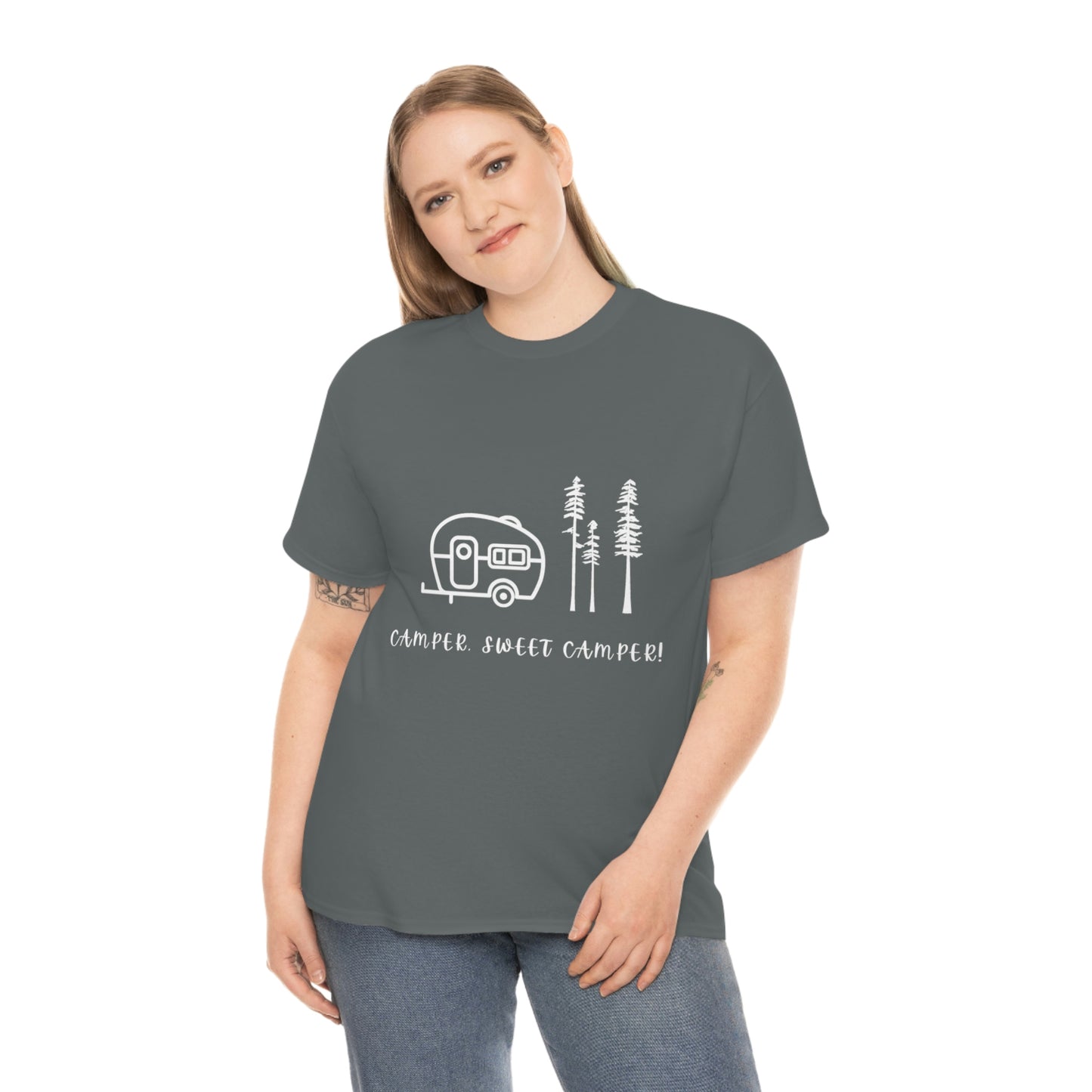 Camper, Sweet Camper Unisex Heavy Cotton Tee, White Lettering