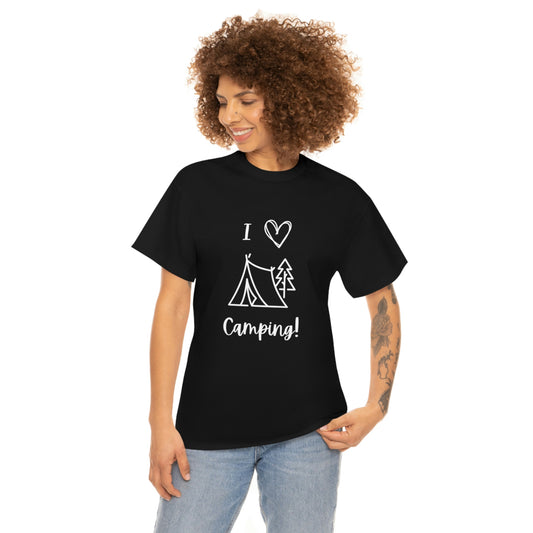 I "Heart" Camping Unisex Heavy Cotton Tee, White Lettering