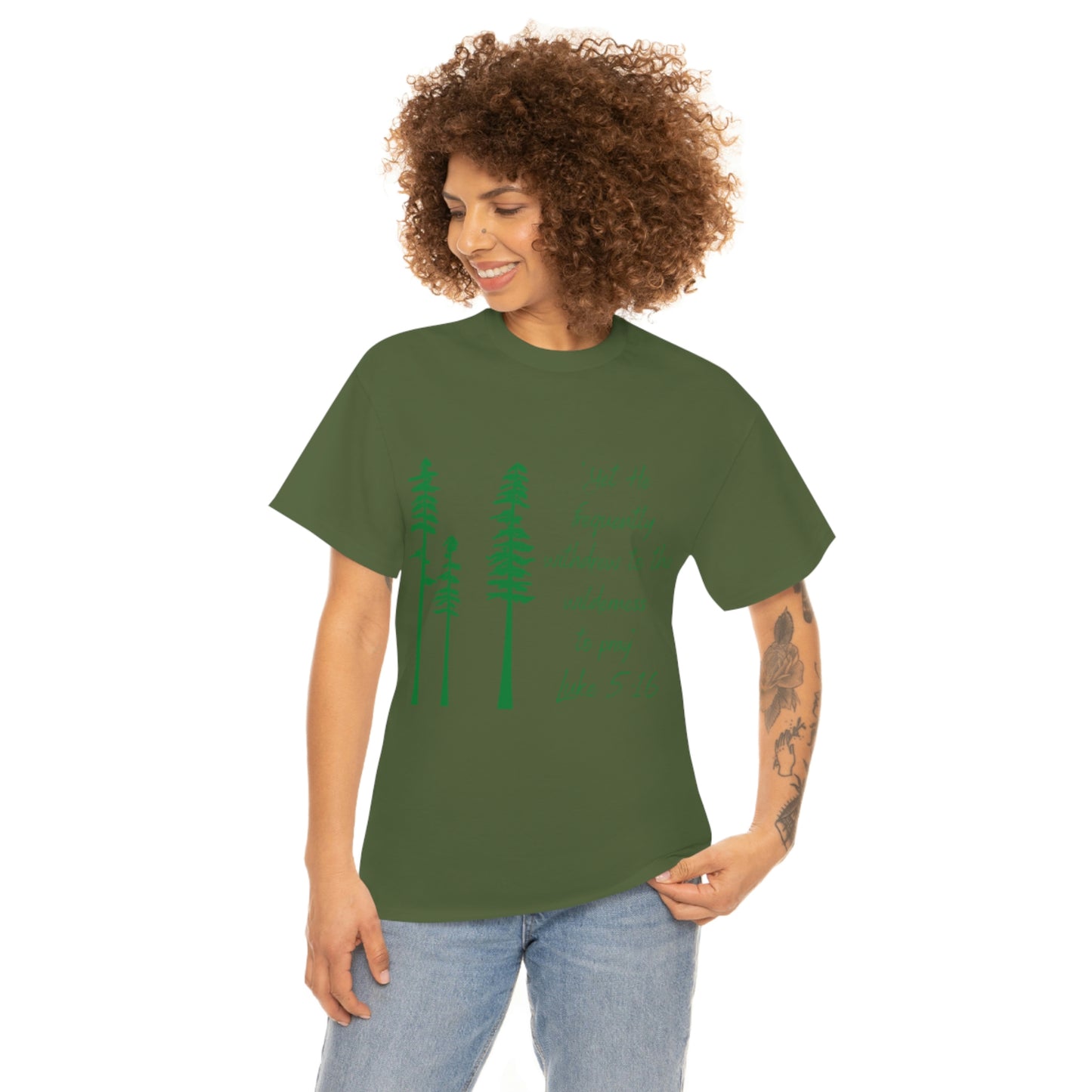 Luke 5:16 Unisex Heavy Cotton Tee, Green Lettering