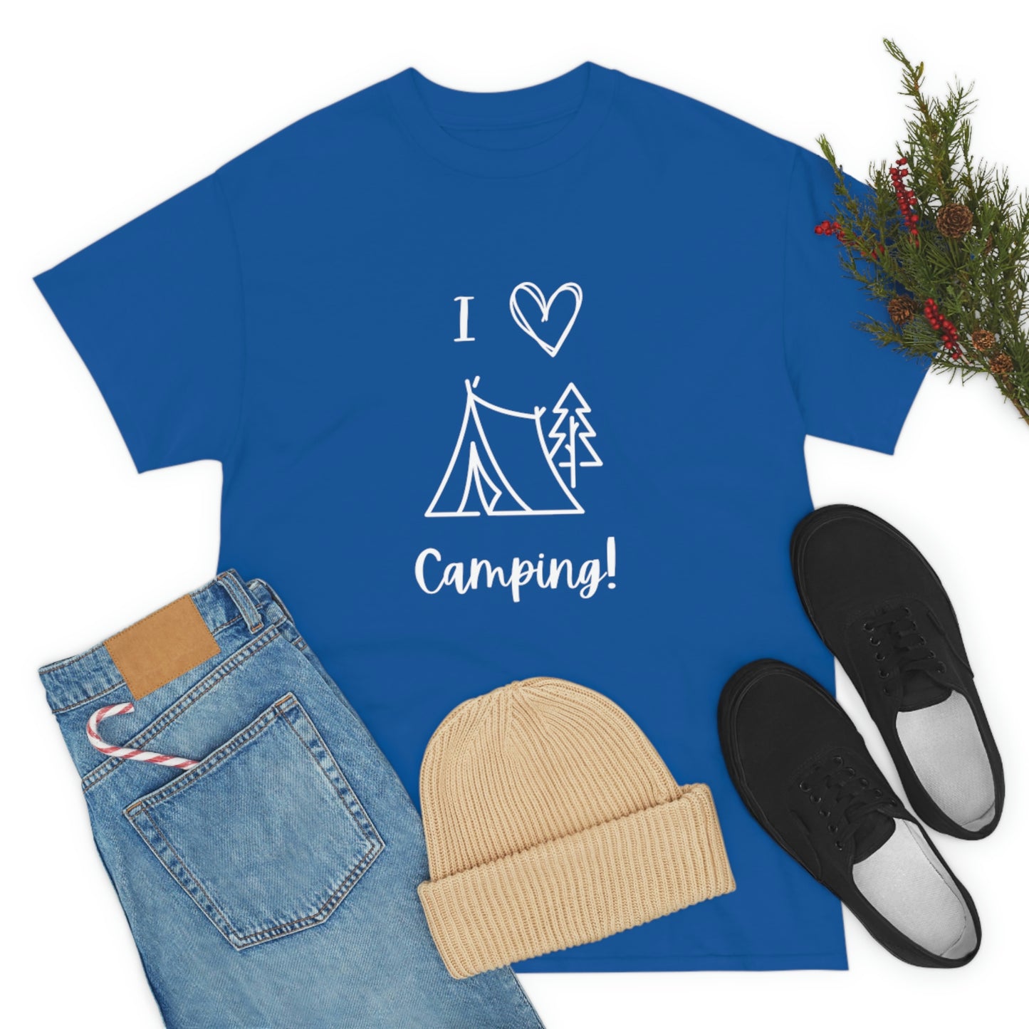 I "Heart" Camping Unisex Heavy Cotton Tee, White Lettering