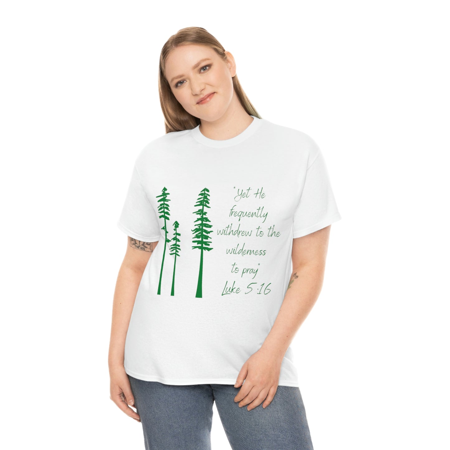 Luke 5:16 Unisex Heavy Cotton Tee, Green Lettering