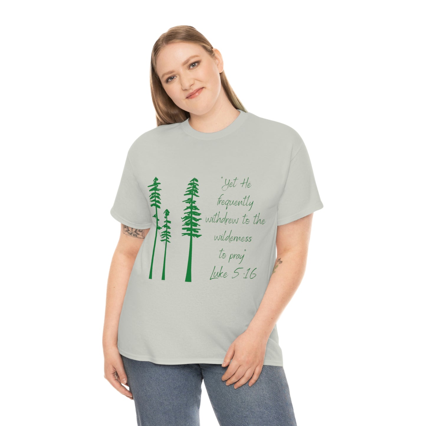 Luke 5:16 Unisex Heavy Cotton Tee, Green Lettering