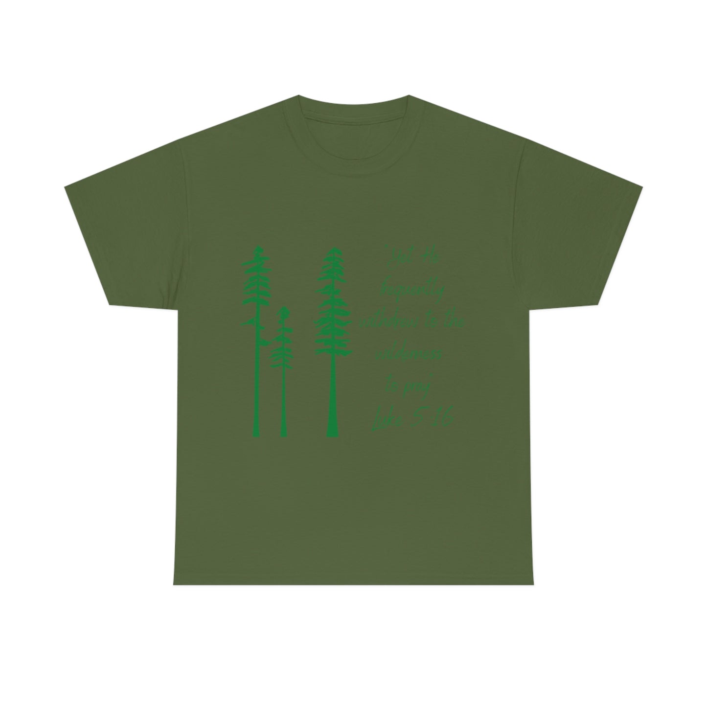 Luke 5:16 Unisex Heavy Cotton Tee, Green Lettering