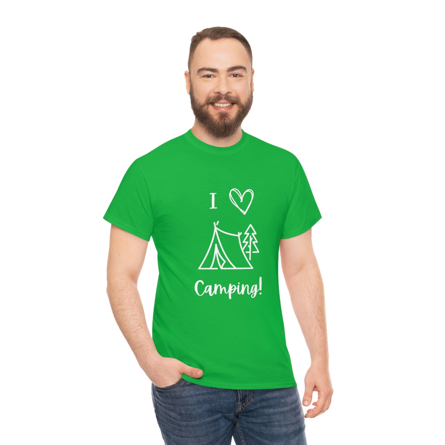 I "Heart" Camping Unisex Heavy Cotton Tee, White Lettering