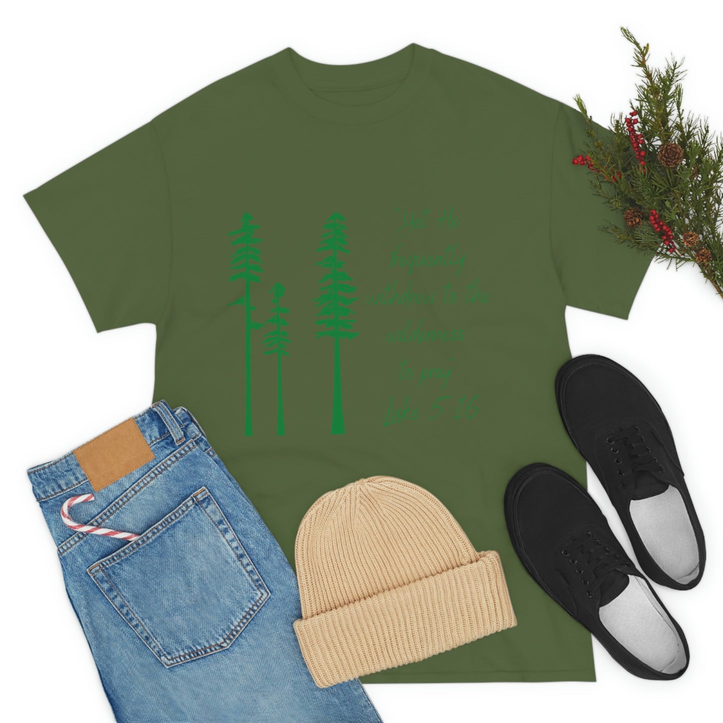 Luke 5:16 Unisex Heavy Cotton Tee, Green Lettering