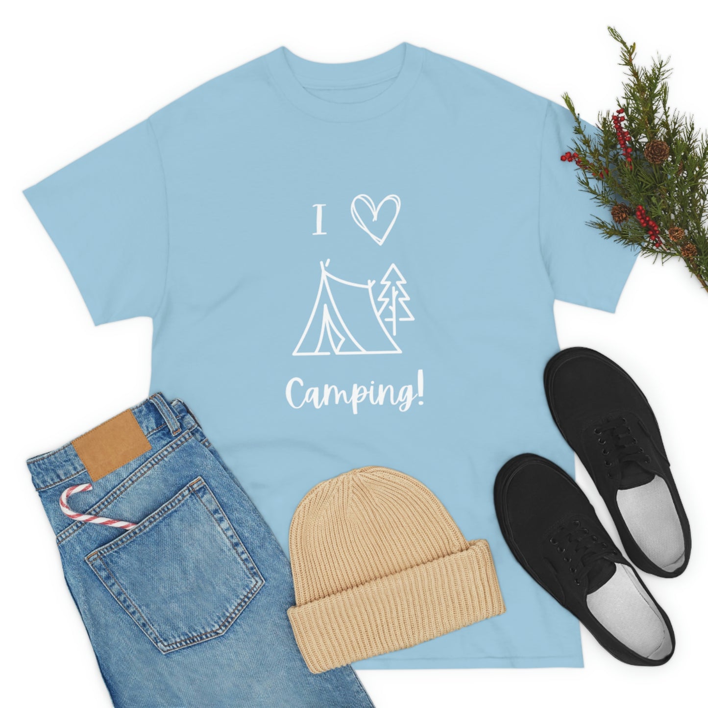 I "Heart" Camping Unisex Heavy Cotton Tee, White Lettering