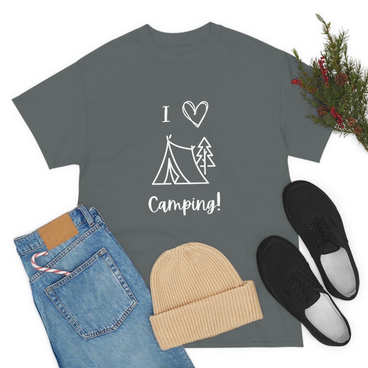 I "Heart" Camping Unisex Heavy Cotton Tee, White Lettering