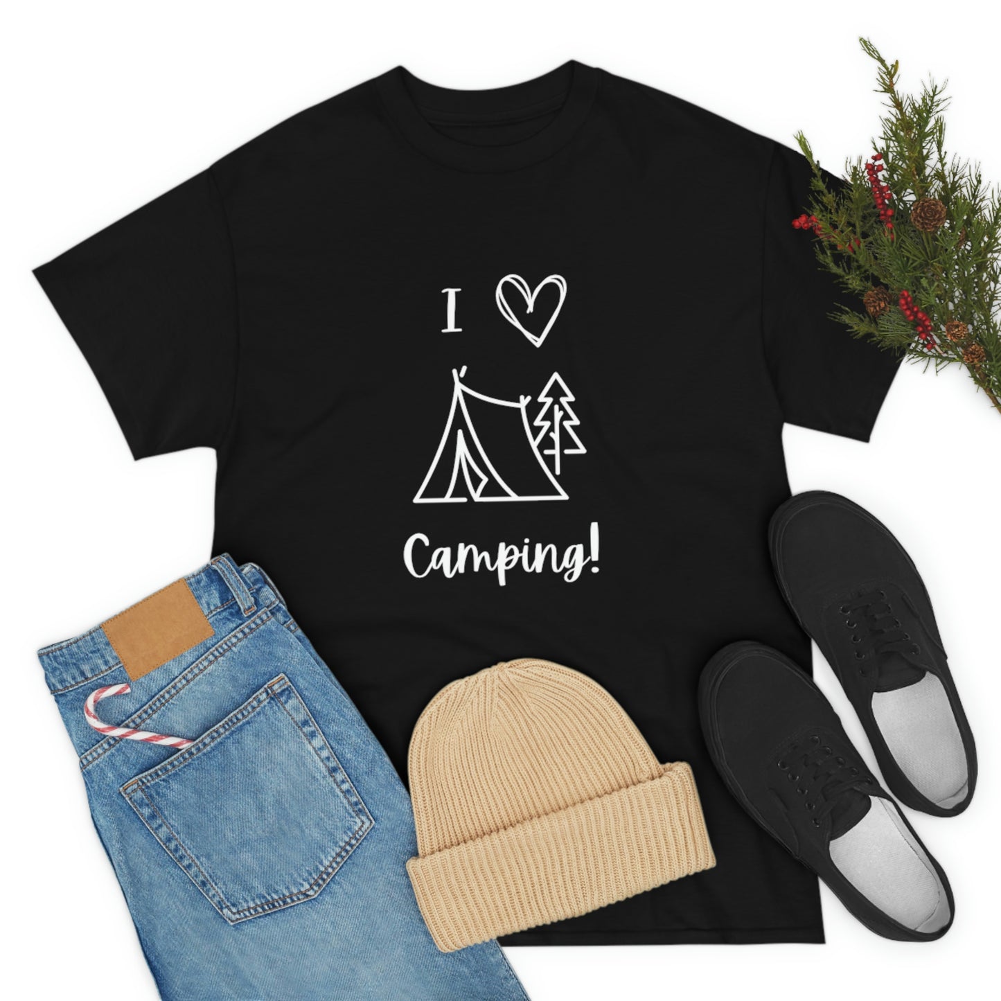 I "Heart" Camping Unisex Heavy Cotton Tee, White Lettering