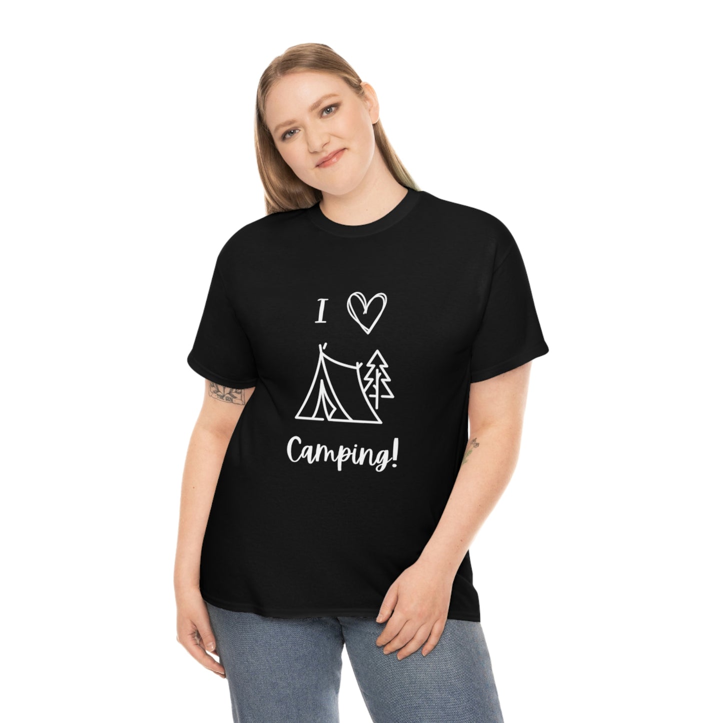 I "Heart" Camping Unisex Heavy Cotton Tee, White Lettering