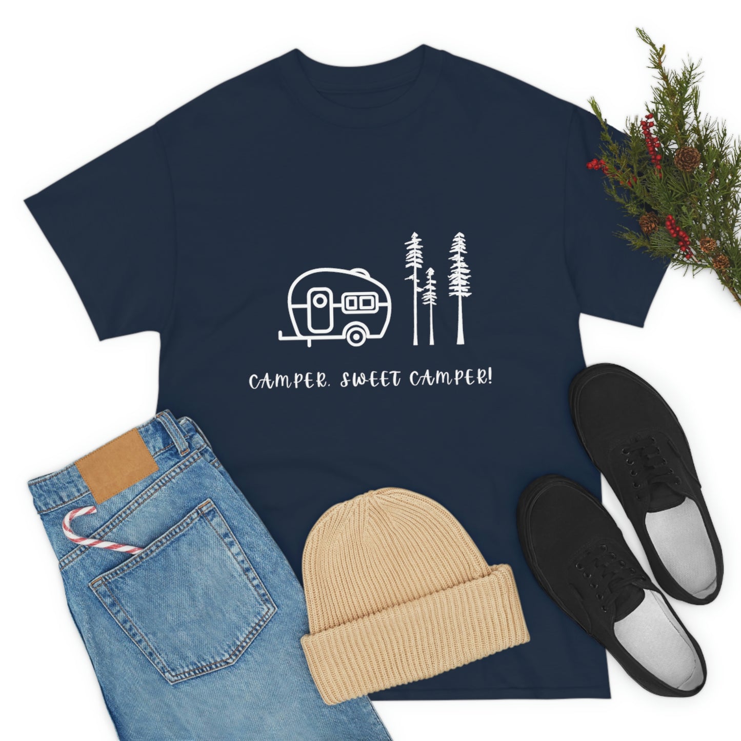 Camper, Sweet Camper Unisex Heavy Cotton Tee, White Lettering