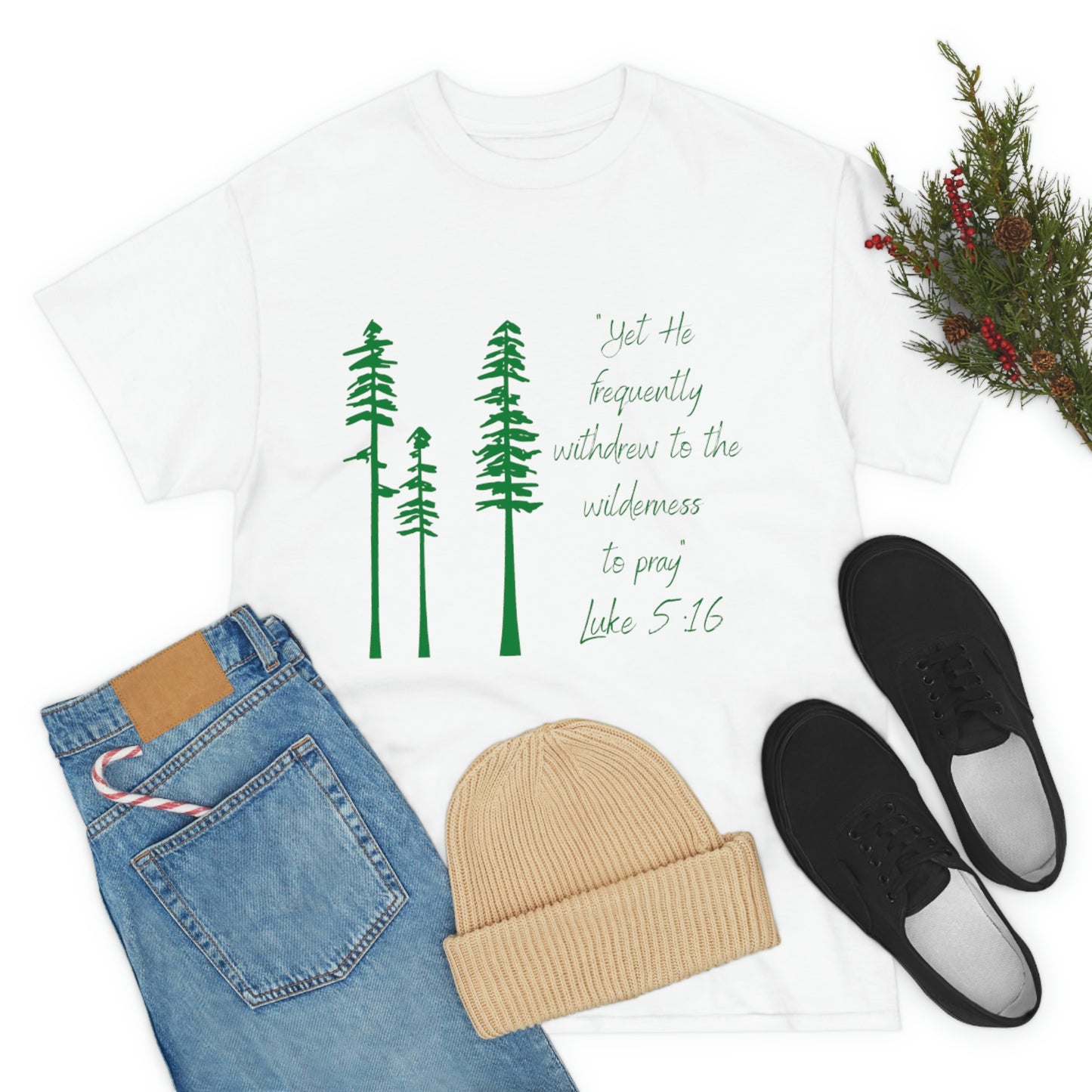 Luke 5:16 Unisex Heavy Cotton Tee, Green Lettering