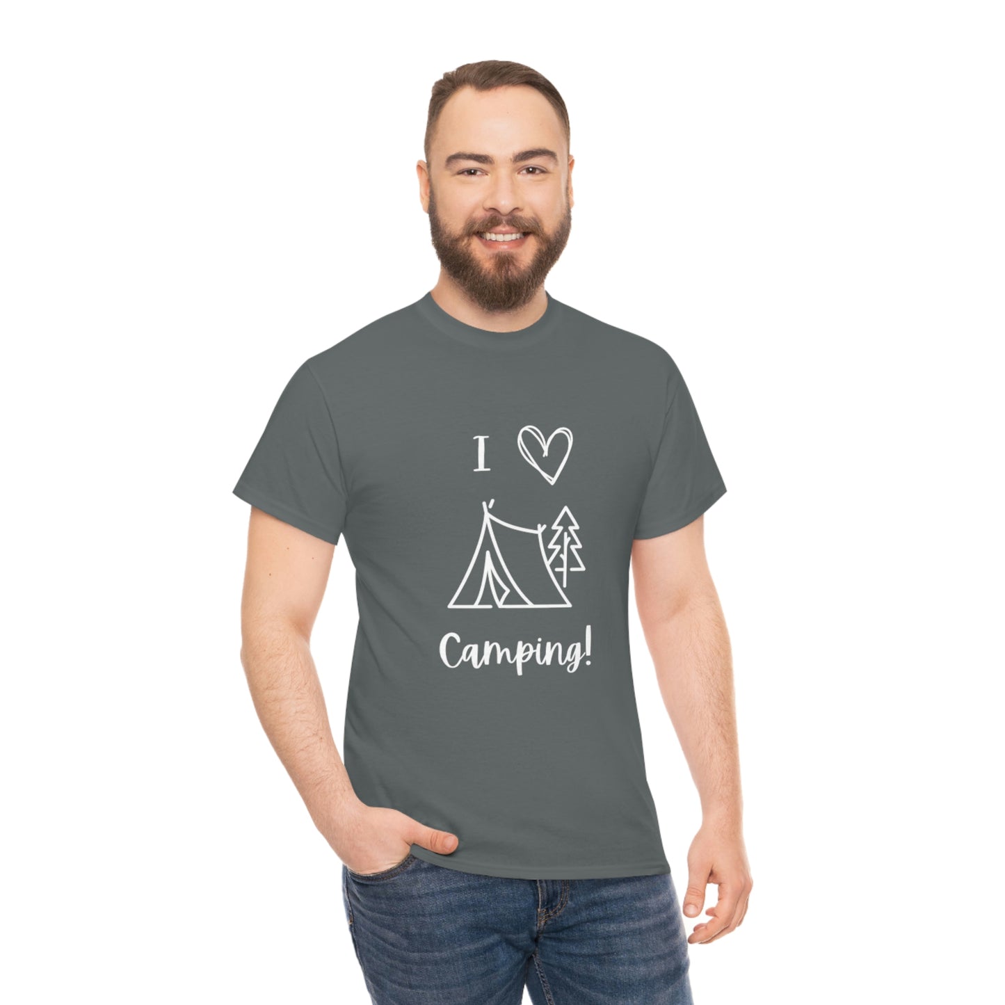 I "Heart" Camping Unisex Heavy Cotton Tee, White Lettering