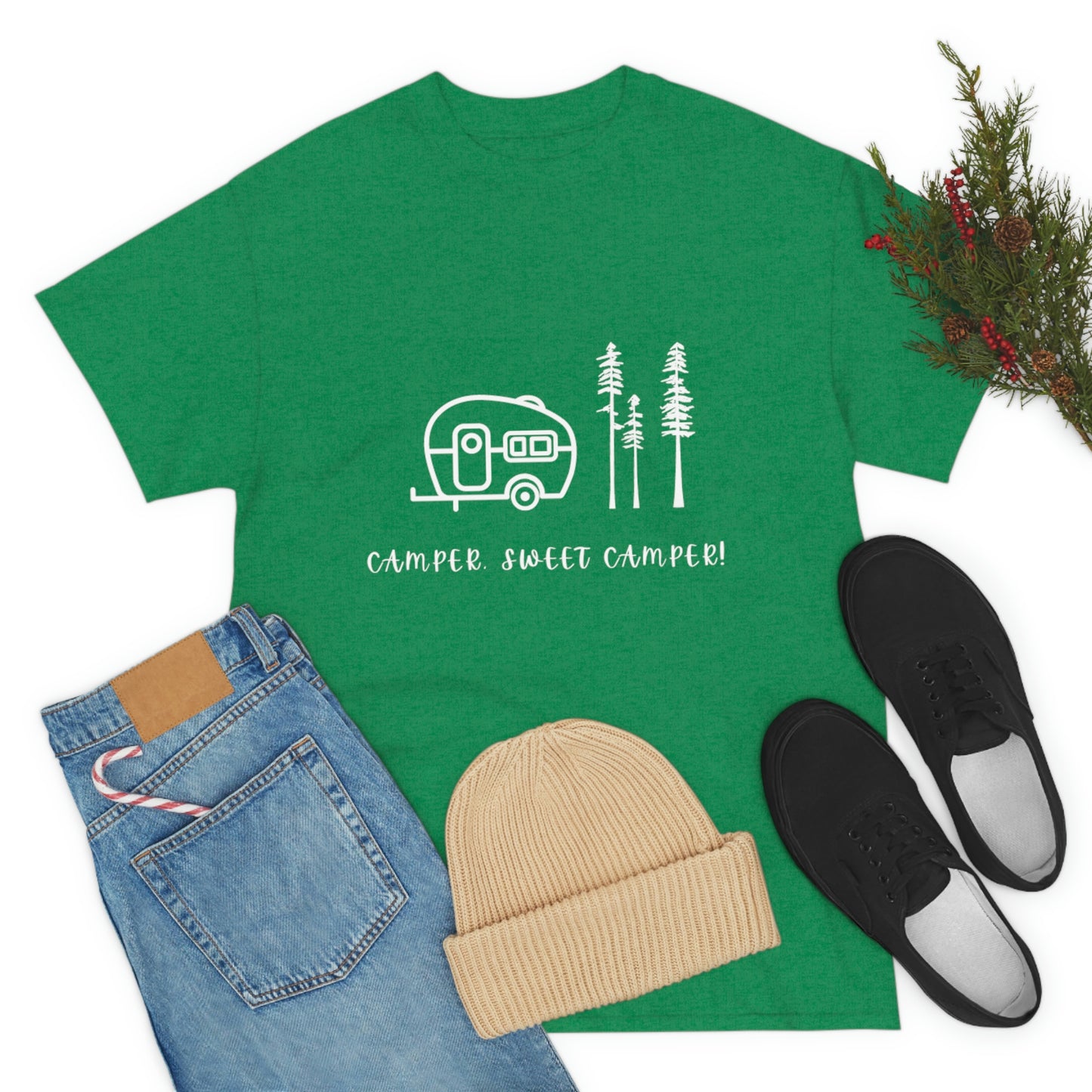 Camper, Sweet Camper Unisex Heavy Cotton Tee, White Lettering