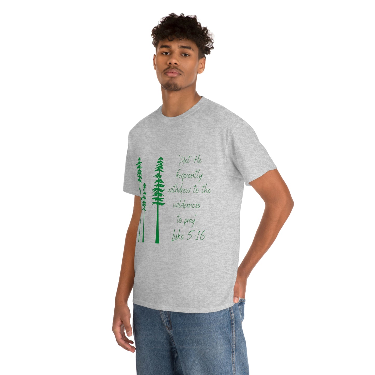 Luke 5:16 Unisex Heavy Cotton Tee, Green Lettering