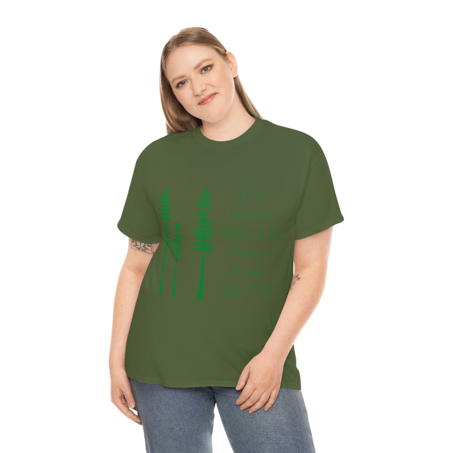 Luke 5:16 Unisex Heavy Cotton Tee, Green Lettering