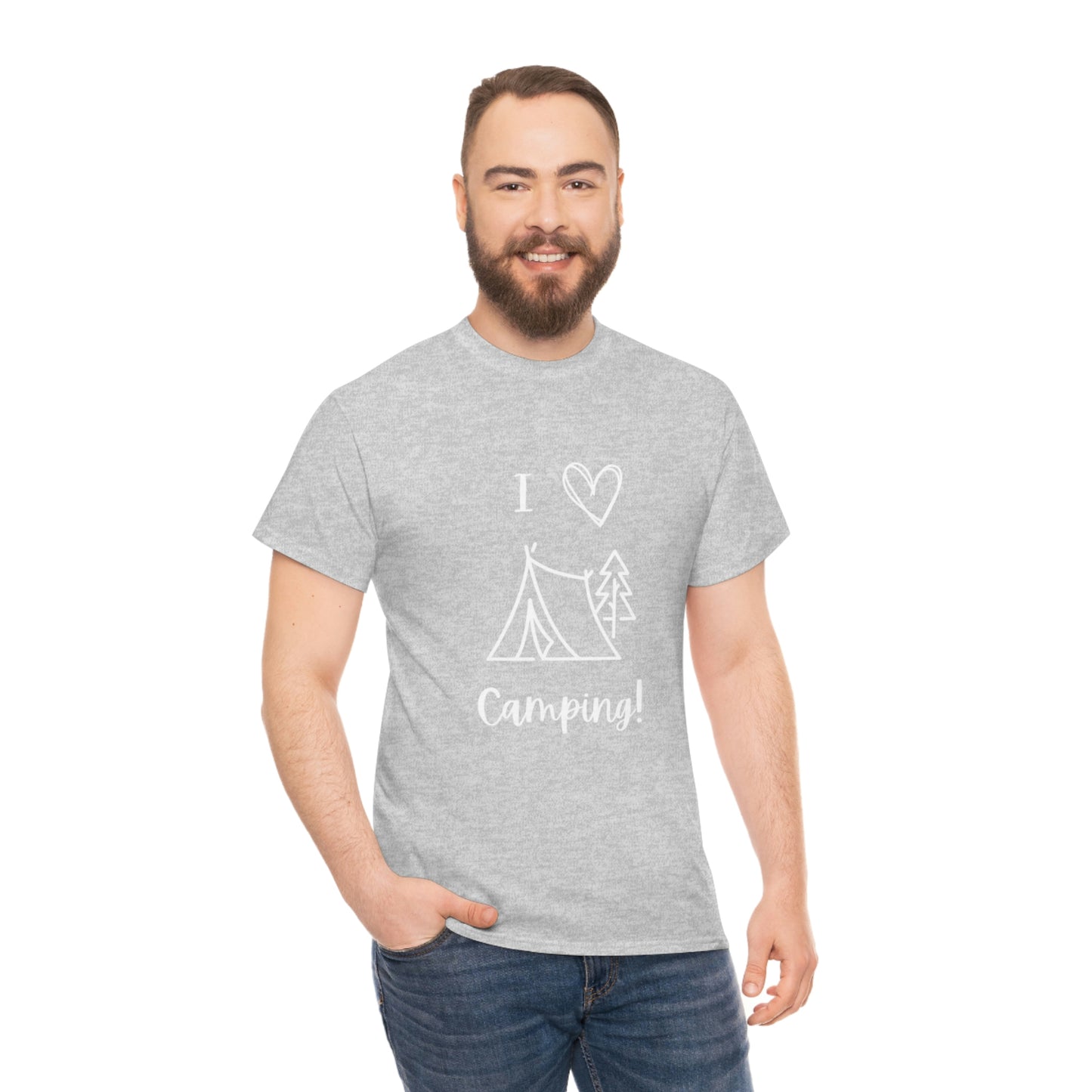 I "Heart" Camping Unisex Heavy Cotton Tee, White Lettering