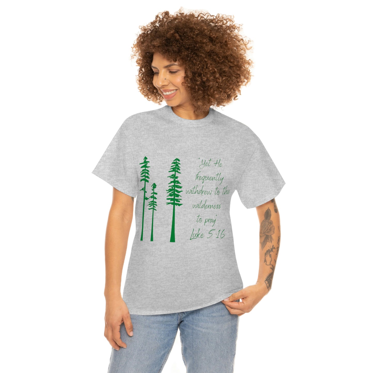 Luke 5:16 Unisex Heavy Cotton Tee, Green Lettering