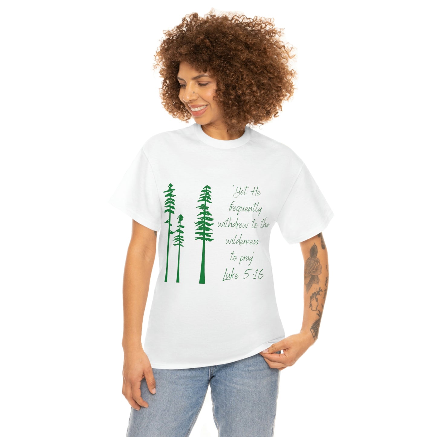 Luke 5:16 Unisex Heavy Cotton Tee, Green Lettering