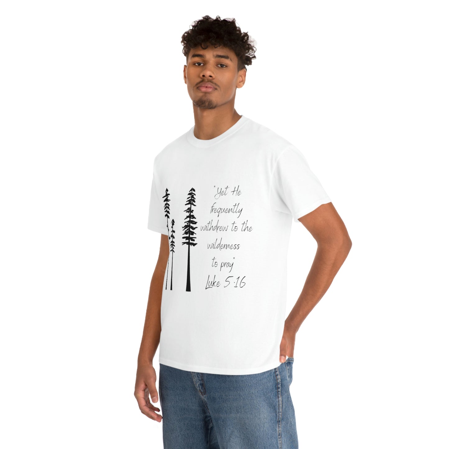 Luke 5:16 Unisex Heavy Cotton Tee, Black Lettering