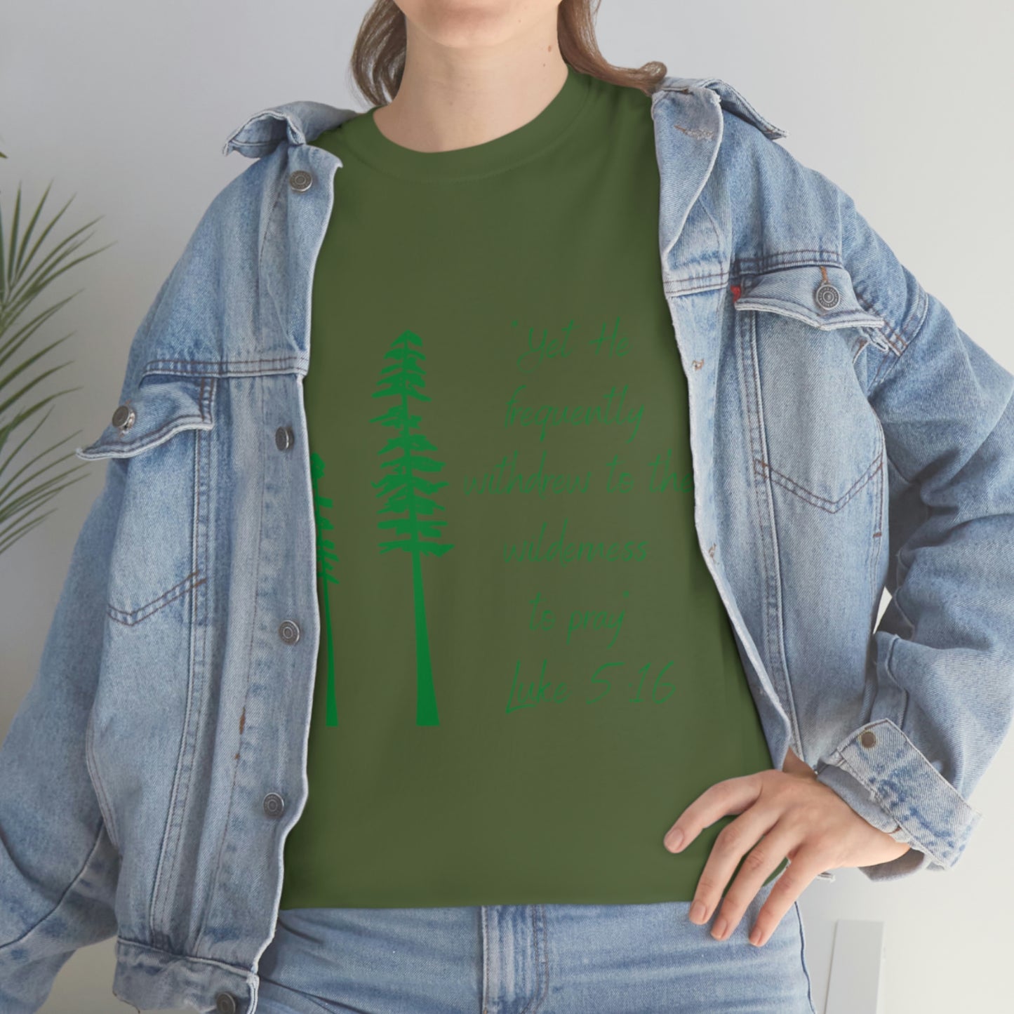 Luke 5:16 Unisex Heavy Cotton Tee, Green Lettering