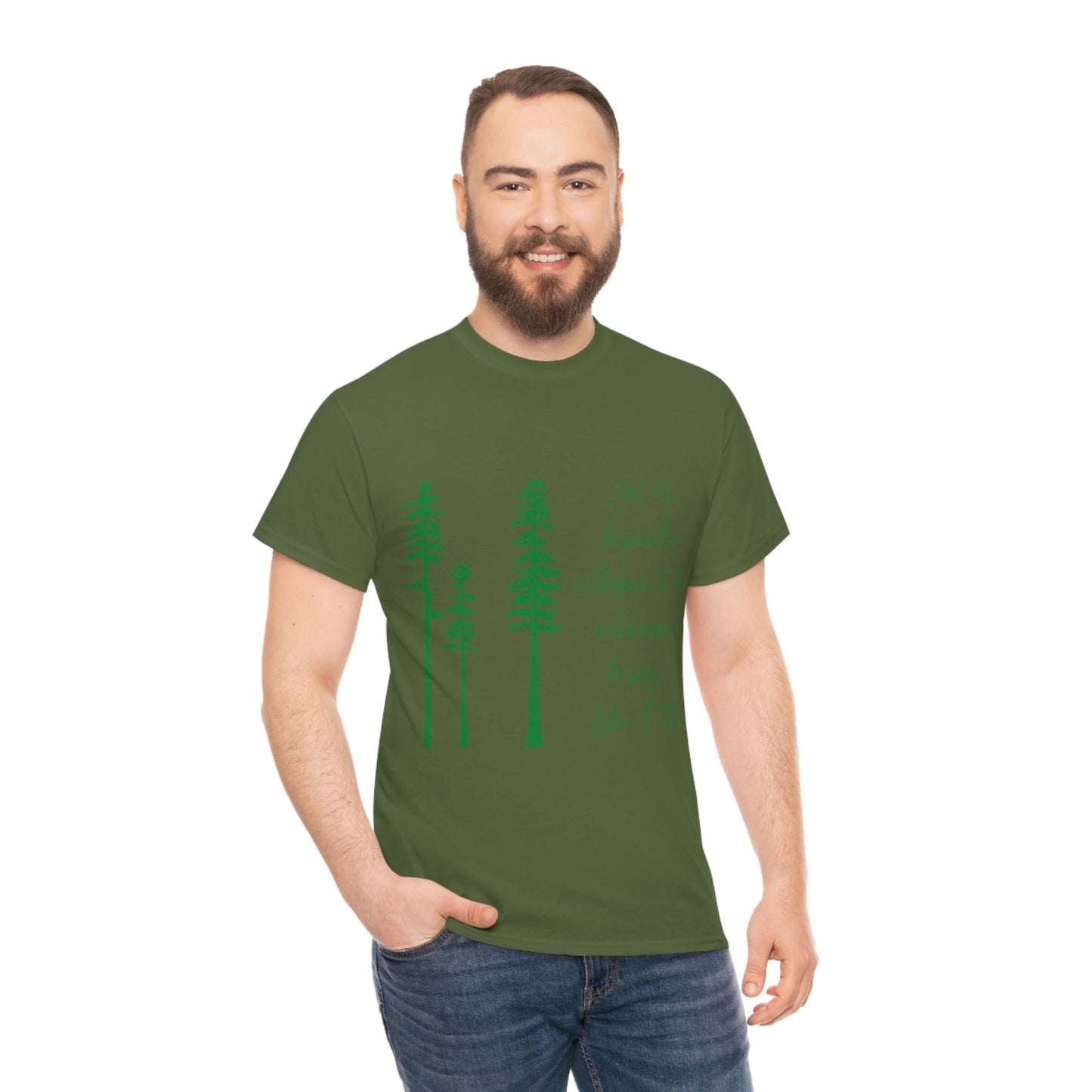 Luke 5:16 Unisex Heavy Cotton Tee, Green Lettering