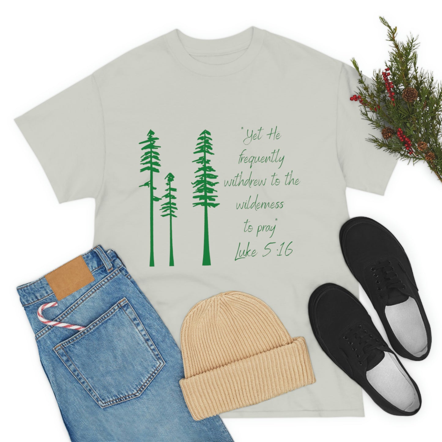 Luke 5:16 Unisex Heavy Cotton Tee, Green Lettering