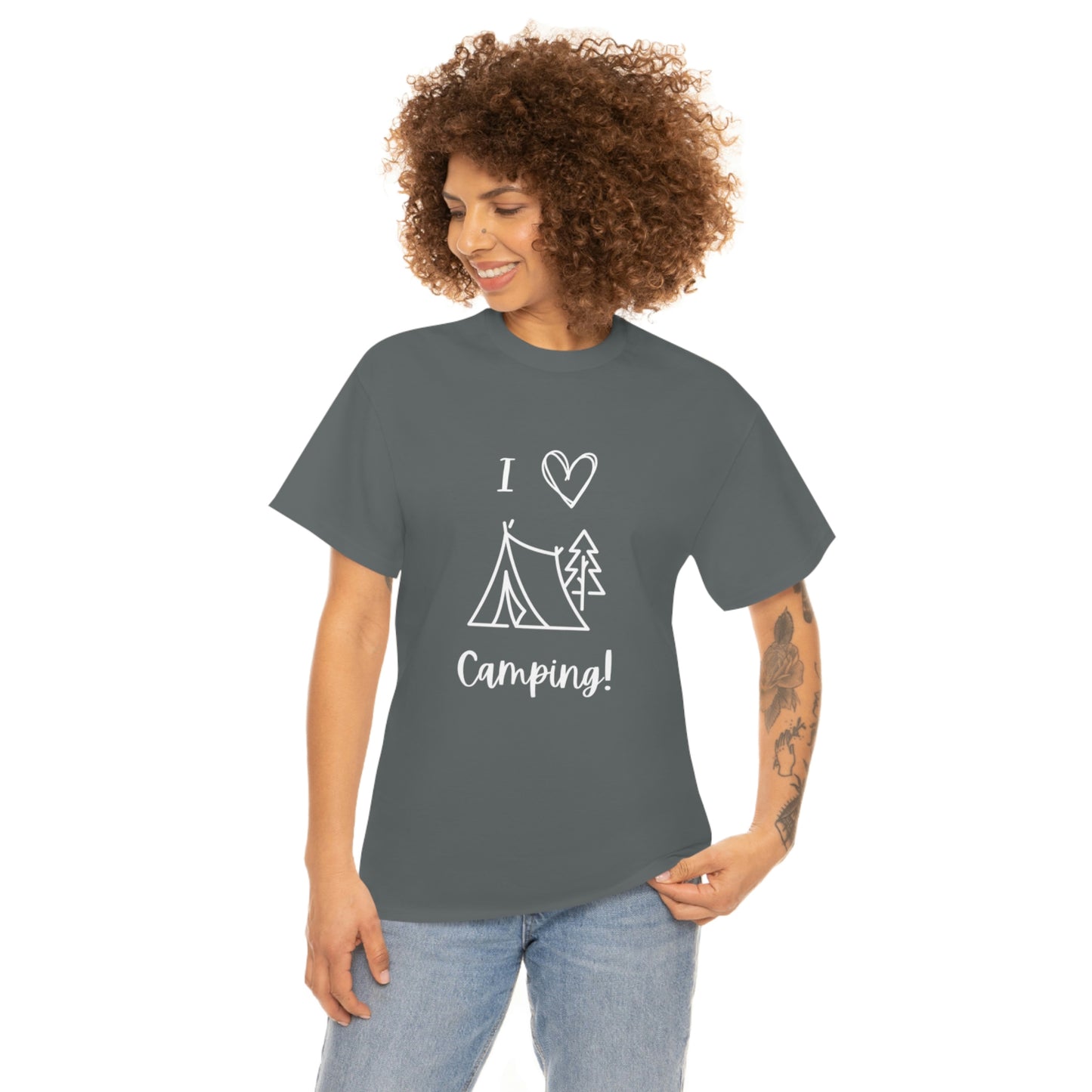 I "Heart" Camping Unisex Heavy Cotton Tee, White Lettering