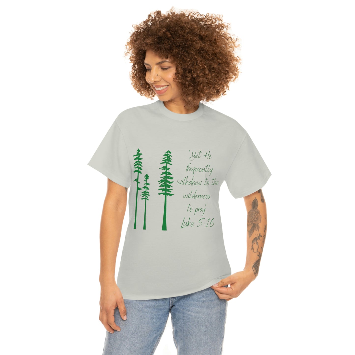 Luke 5:16 Unisex Heavy Cotton Tee, Green Lettering