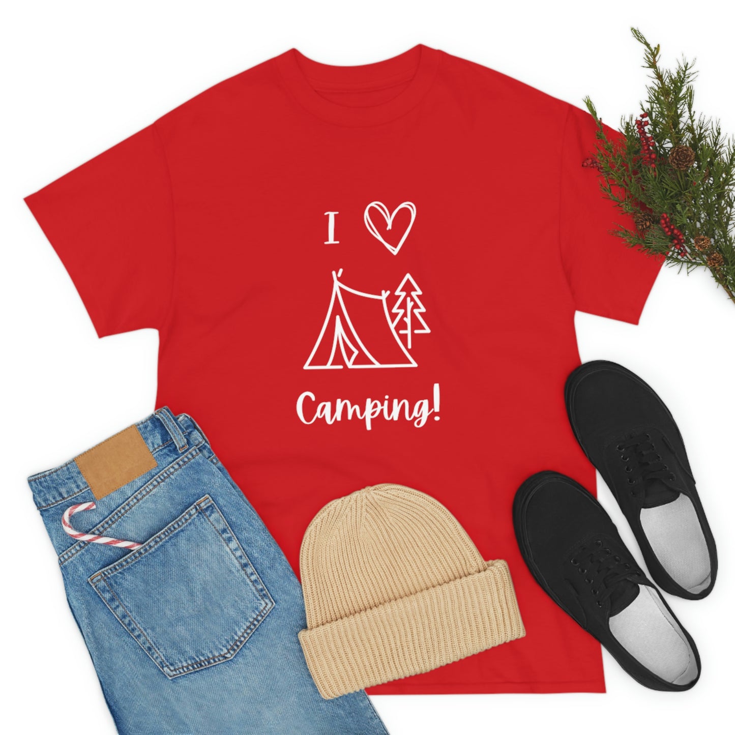 I "Heart" Camping Unisex Heavy Cotton Tee, White Lettering