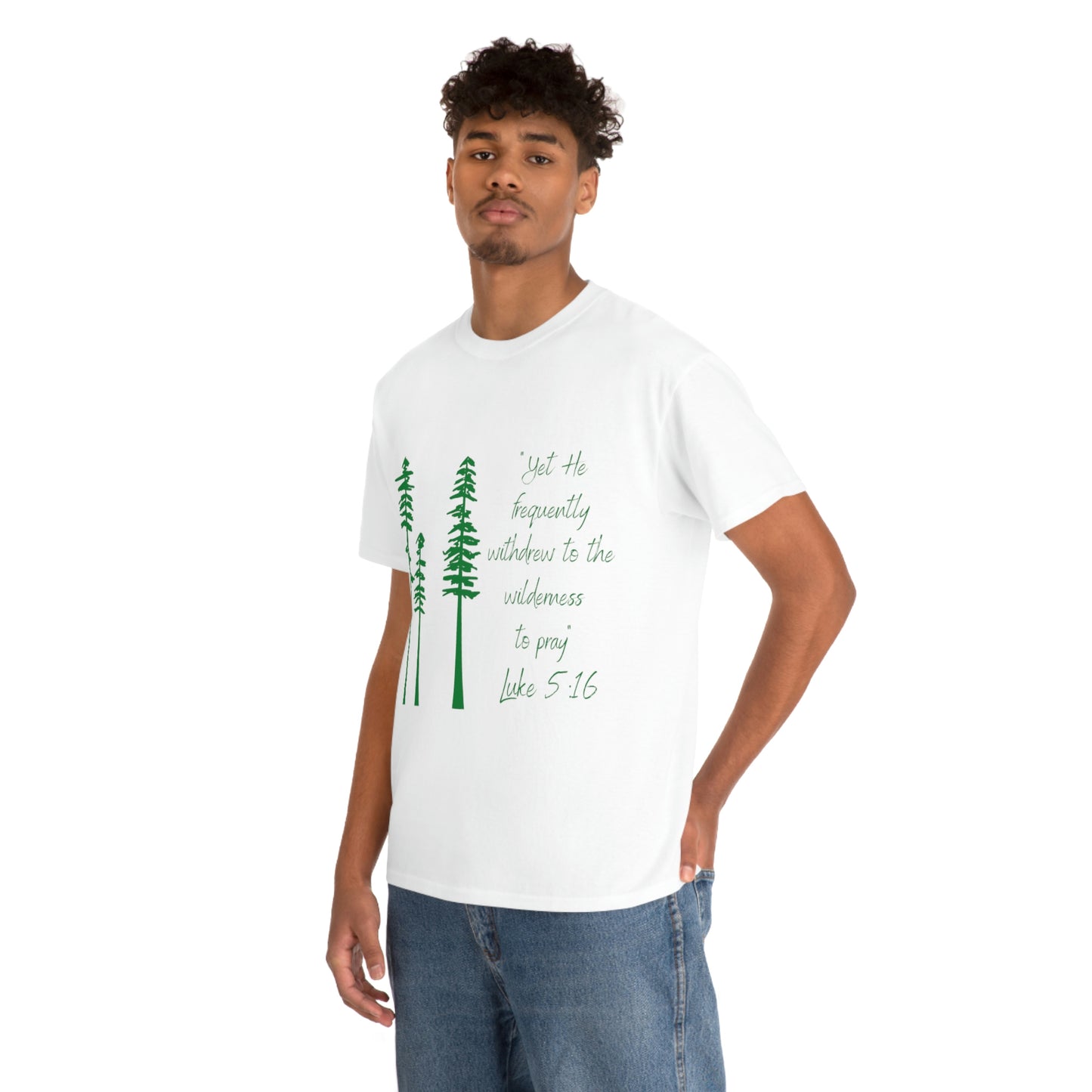 Luke 5:16 Unisex Heavy Cotton Tee, Green Lettering