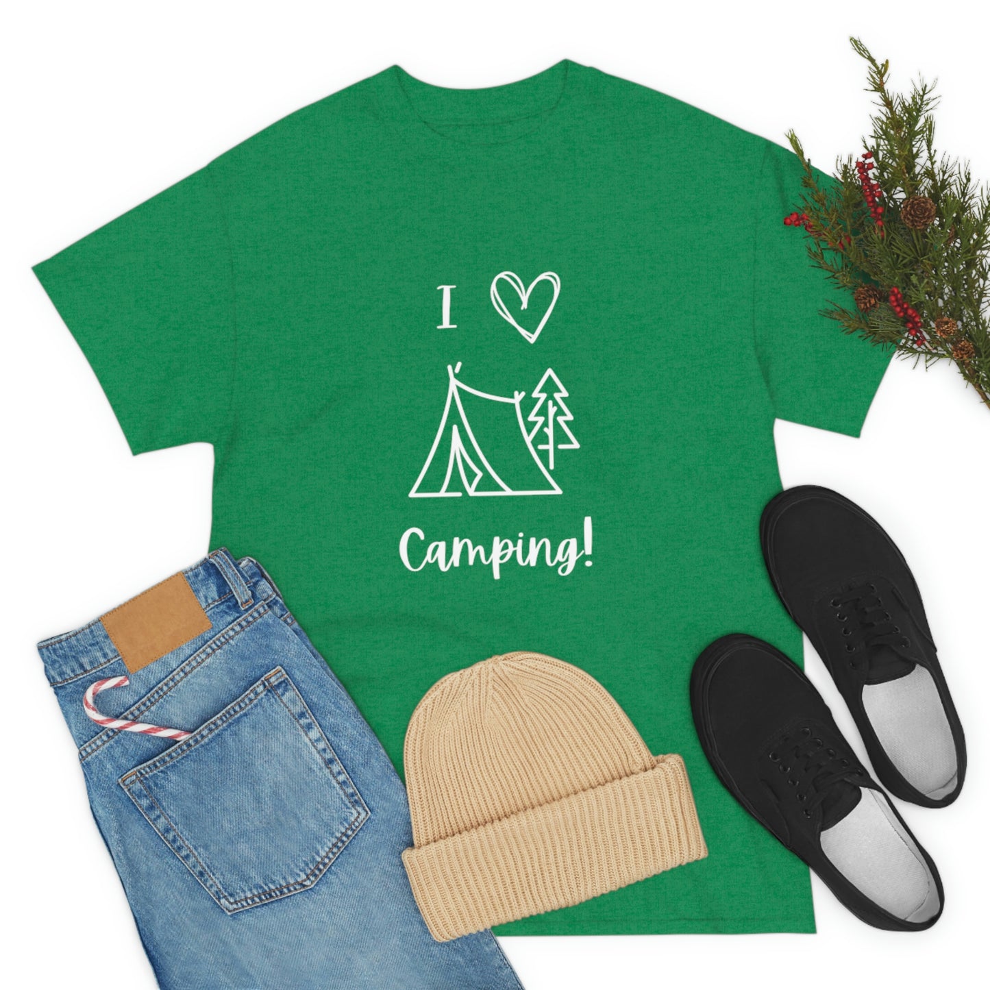 I "Heart" Camping Unisex Heavy Cotton Tee, White Lettering